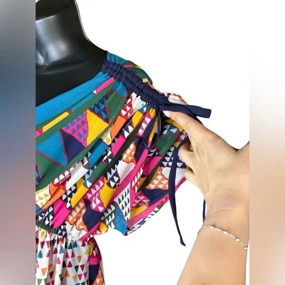 Maeve Anthropologie Semi Sheer Geometric Dress sz 4 V-Neck Cinch Shoulders Blue - Picture 8 of 11